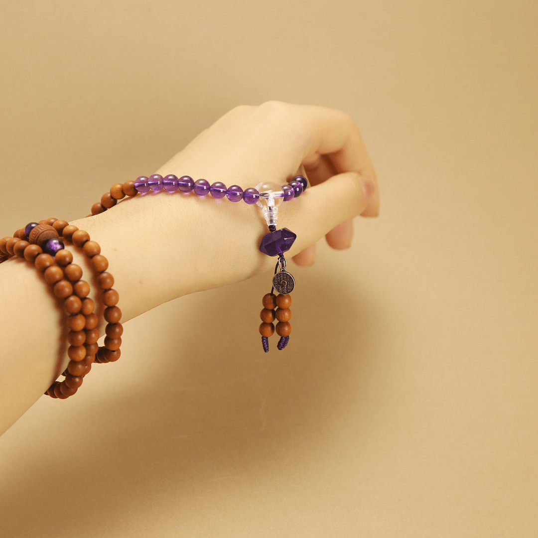 6mm Indian Sandalwood Mala Bracelet with Amethyst & Silver Charm