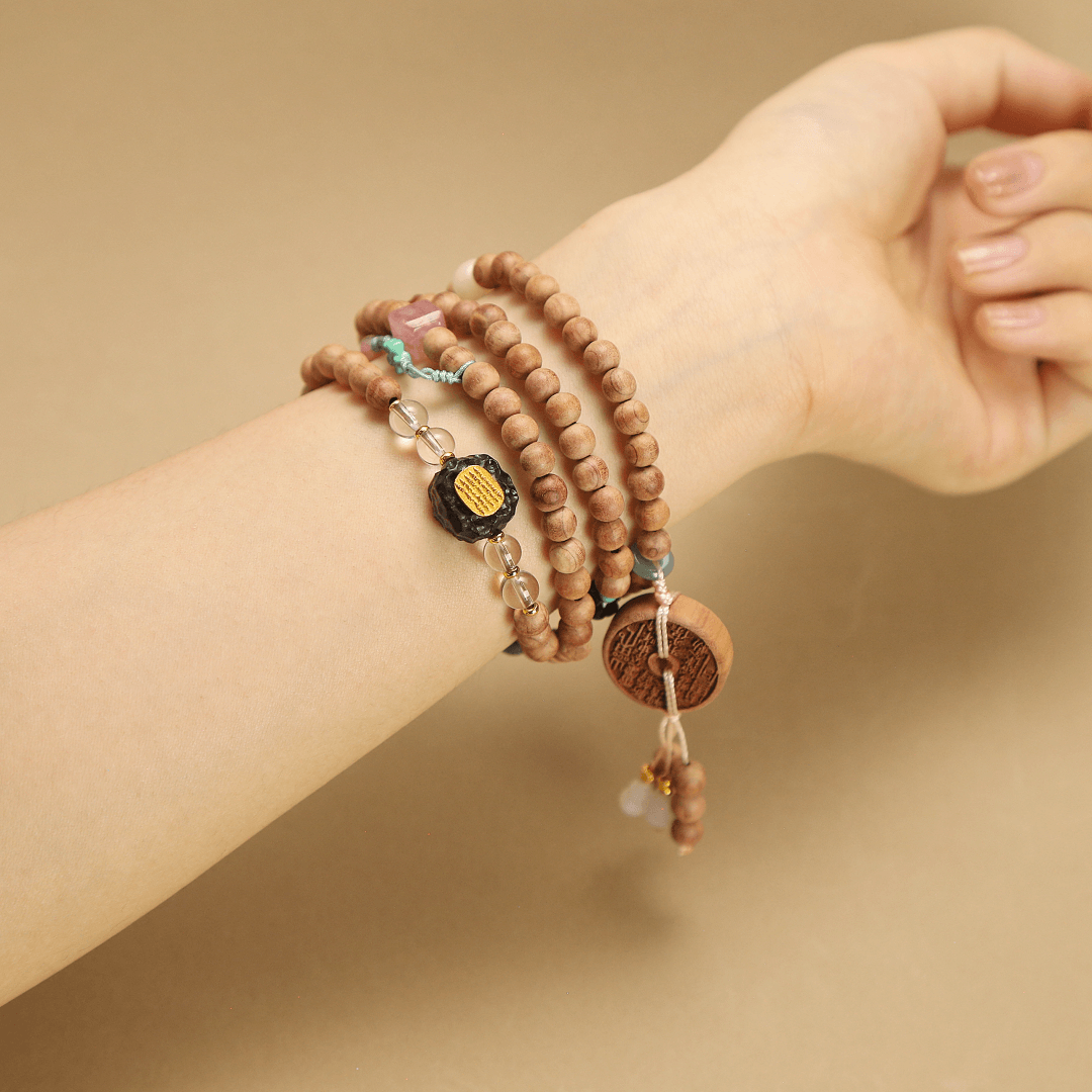 6mm Natural Blood Cypress Beads Bracelet with Sacred Scriptures & Auspicious Charms