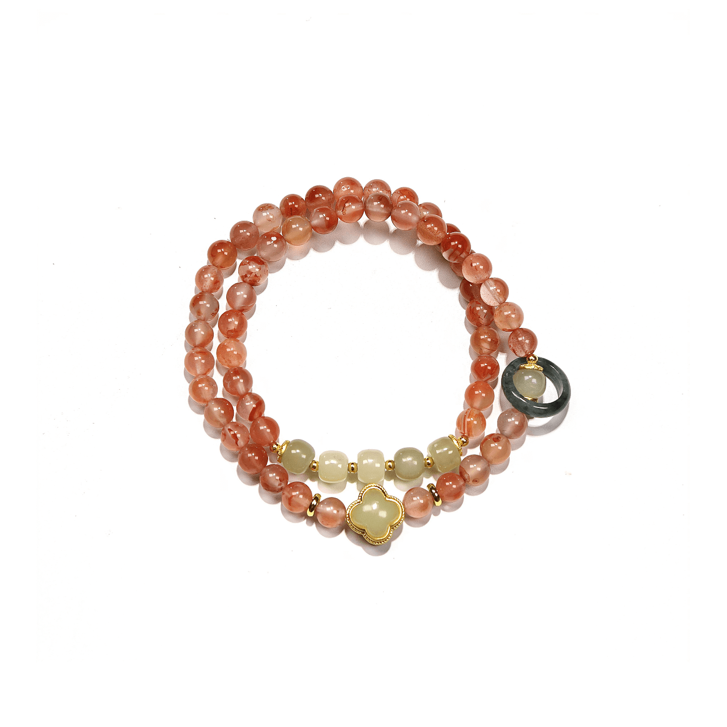 6mm Red Agate Double Wrap Bracelet with Jade & Jadeite Ring