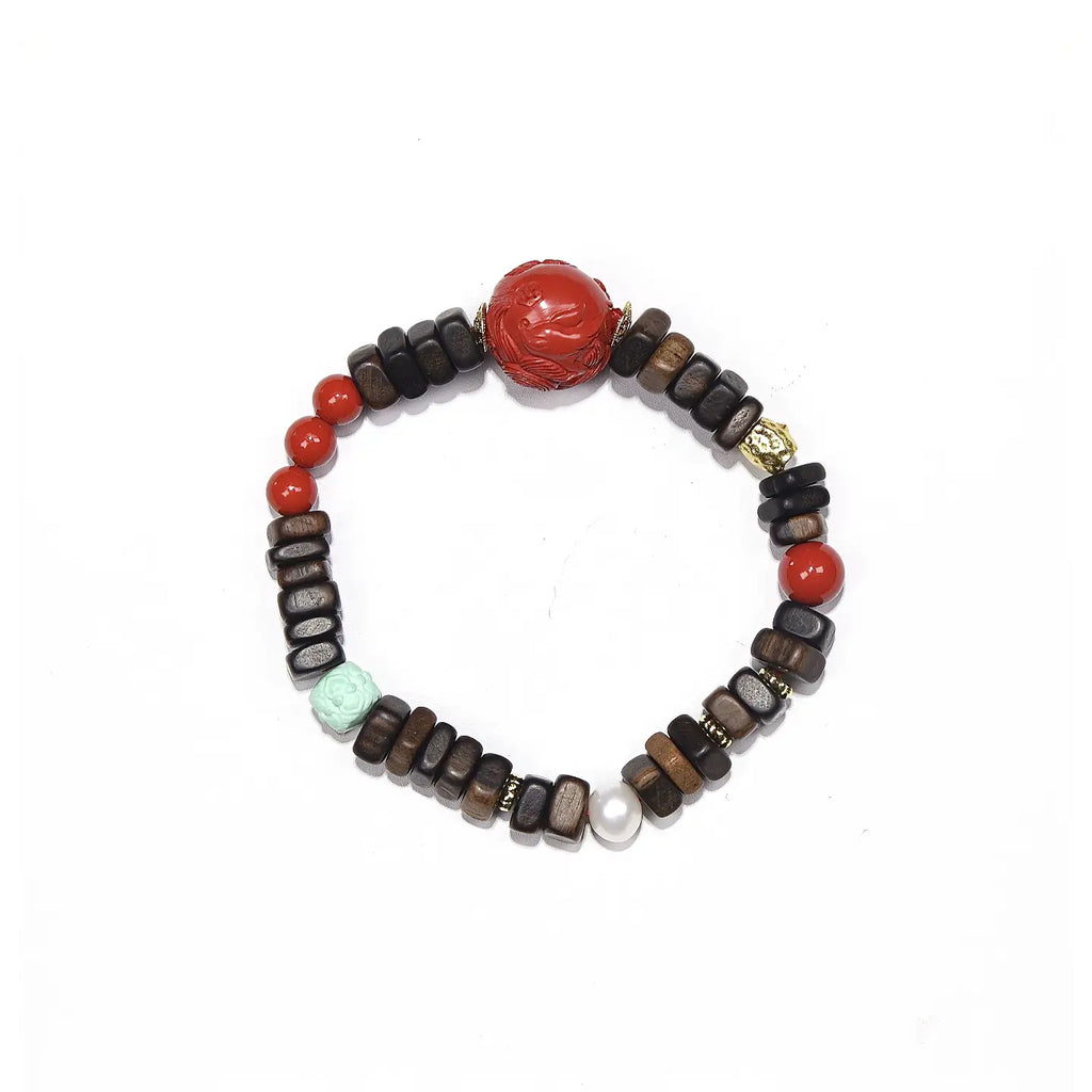 7mm Agarwood Bracelet with Cinnabar Fox & Lotus Green Agate – Azenira