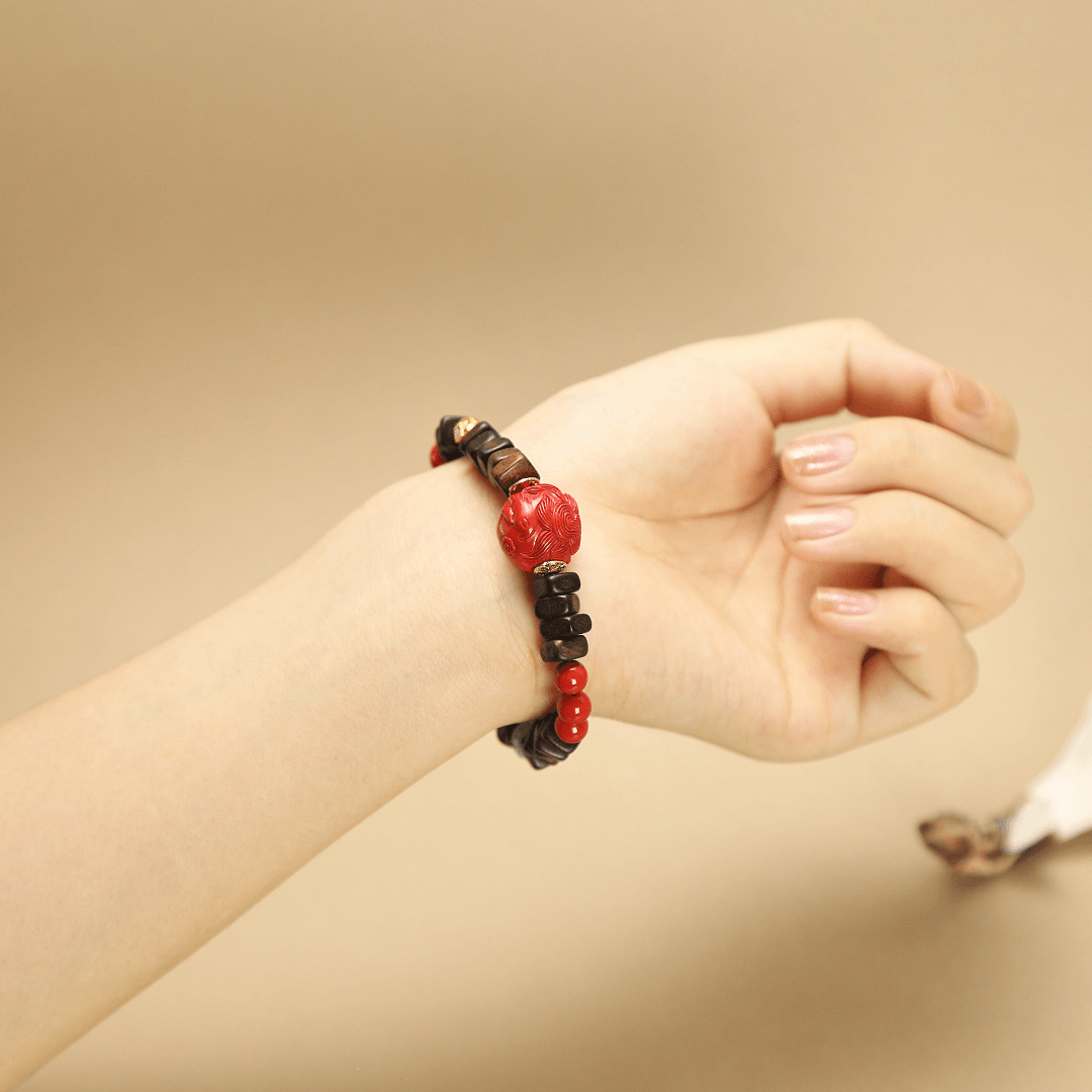 7mm Agarwood Bracelet with Cinnabar Fox & Lotus Agate