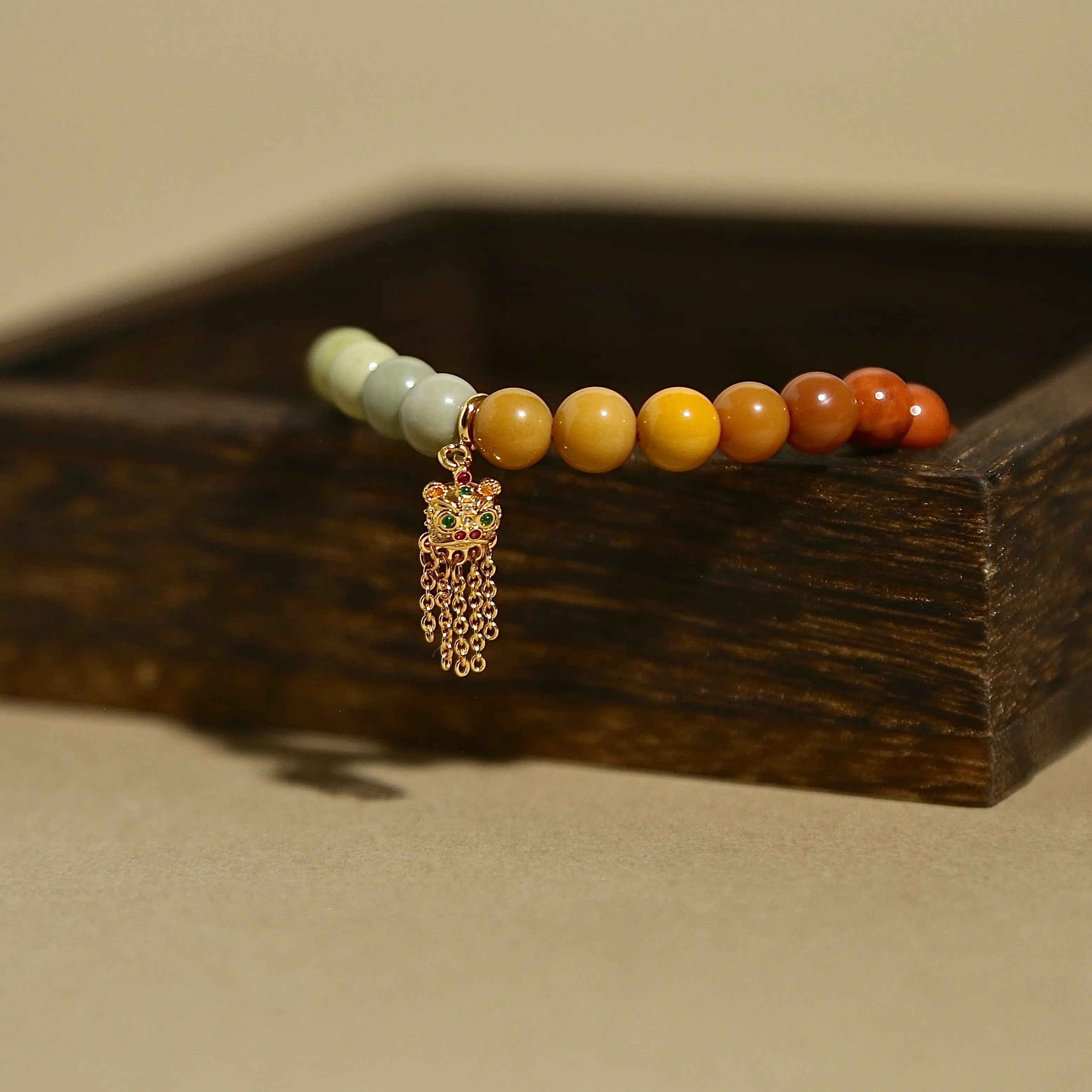 7mm Rainbow Agate Bracelet with Lucky Lion Tassel