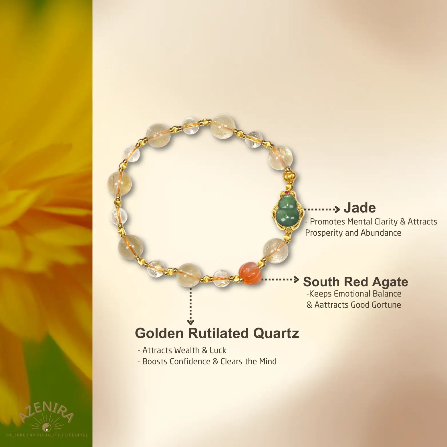 All Crystal Intentions of 8.5mm Golden Rutilated Quartz Bracelet with Red Agate & Jade Hulu