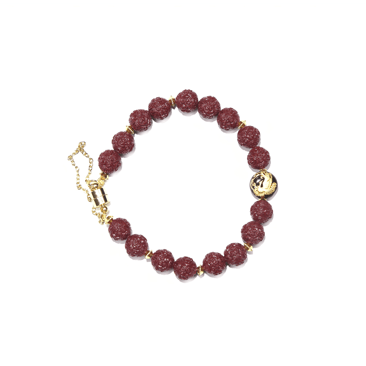 8.5mm Cinnabar Pattern Bracelet with Golden Phoenix, Designed for Wealth and Protection