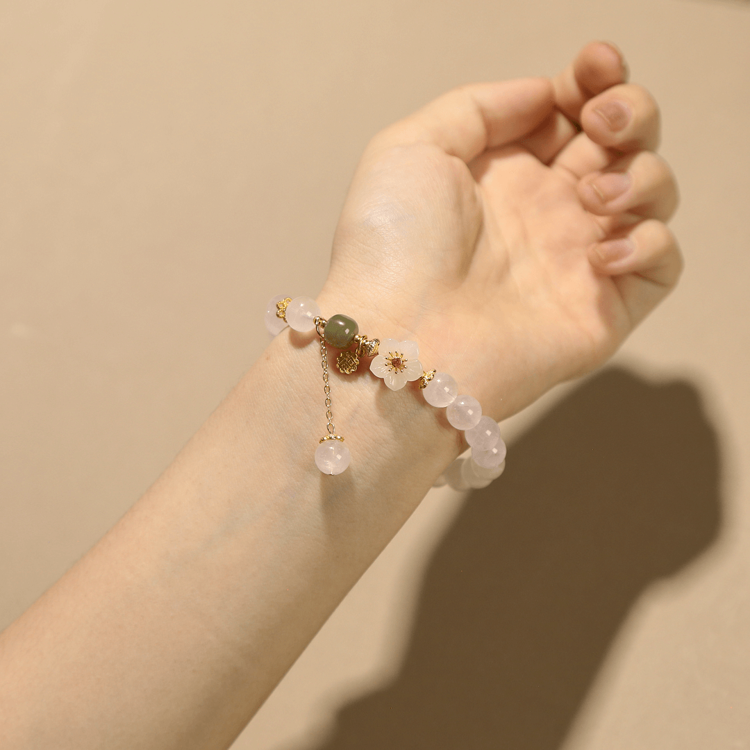 8.7mm Rose Quartz Bracelet with Sakura Carving
