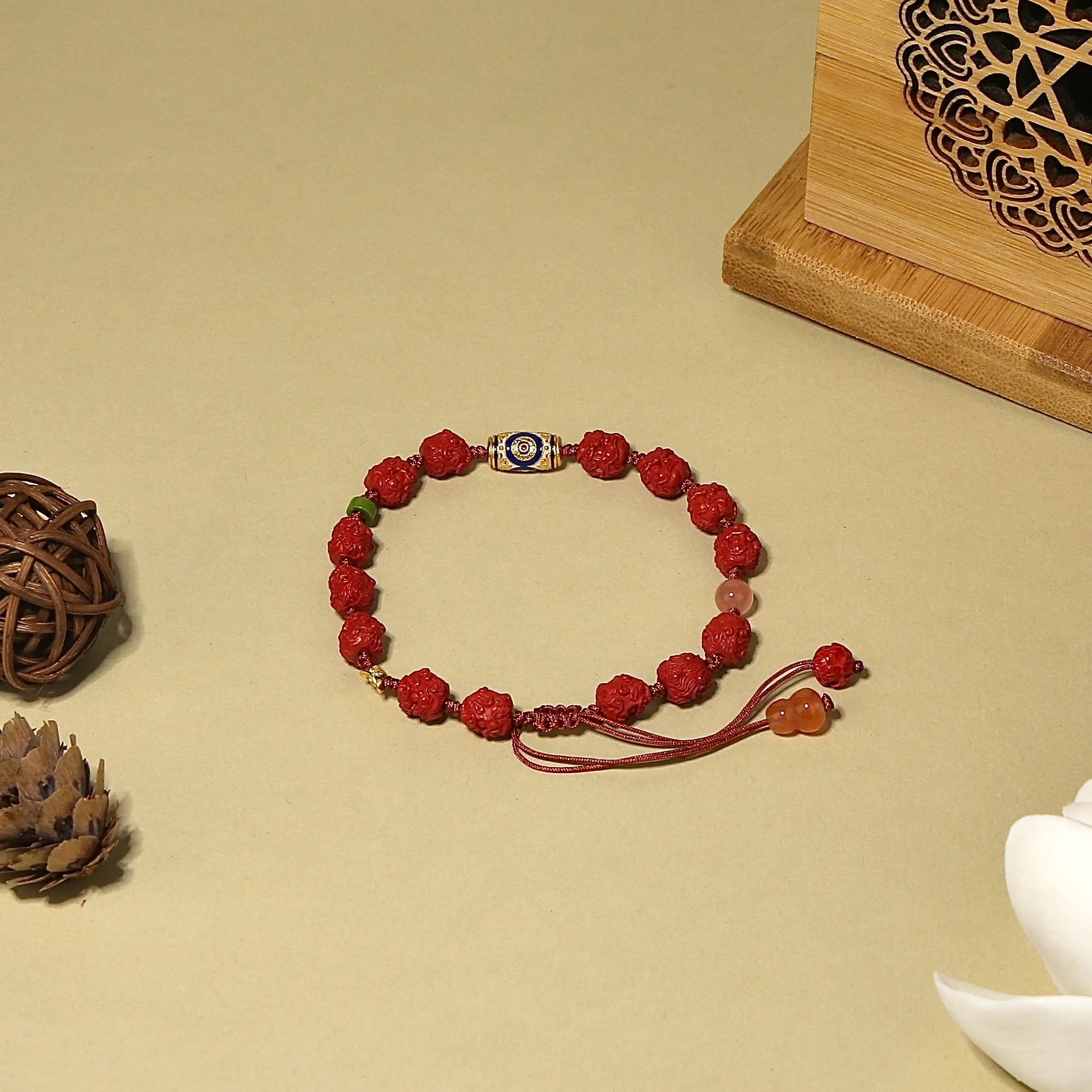 8mm Cinnabar Pixiu Lion Bracelet with Jade & Wealth Charms