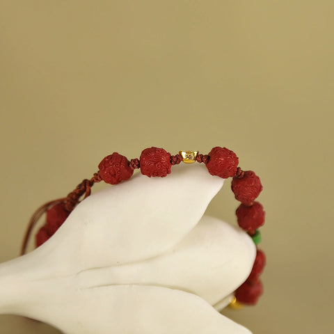 8mm Cinnabar Pixiu Lion Bracelet with Jade & Wealth Charms