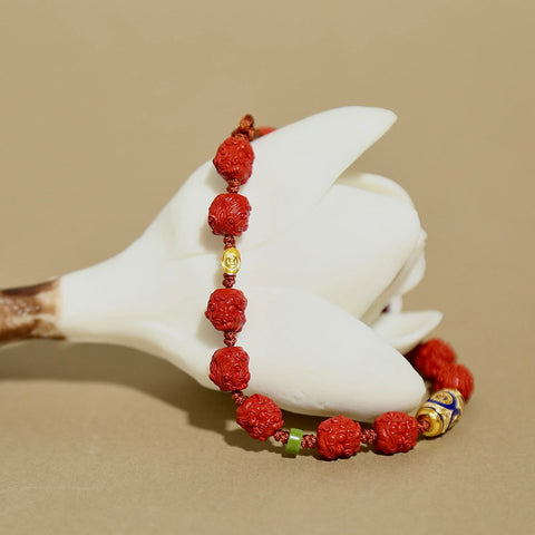 8mm Cinnabar Pixiu Lion Bracelet with Jade & Wealth Charms