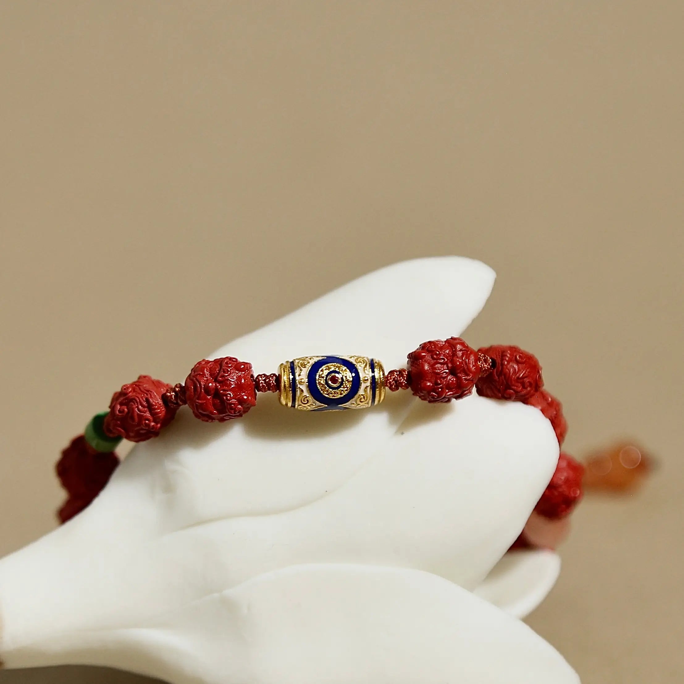 8mm Cinnabar Pixiu Lion Bracelet with Jade & Wealth Charms
