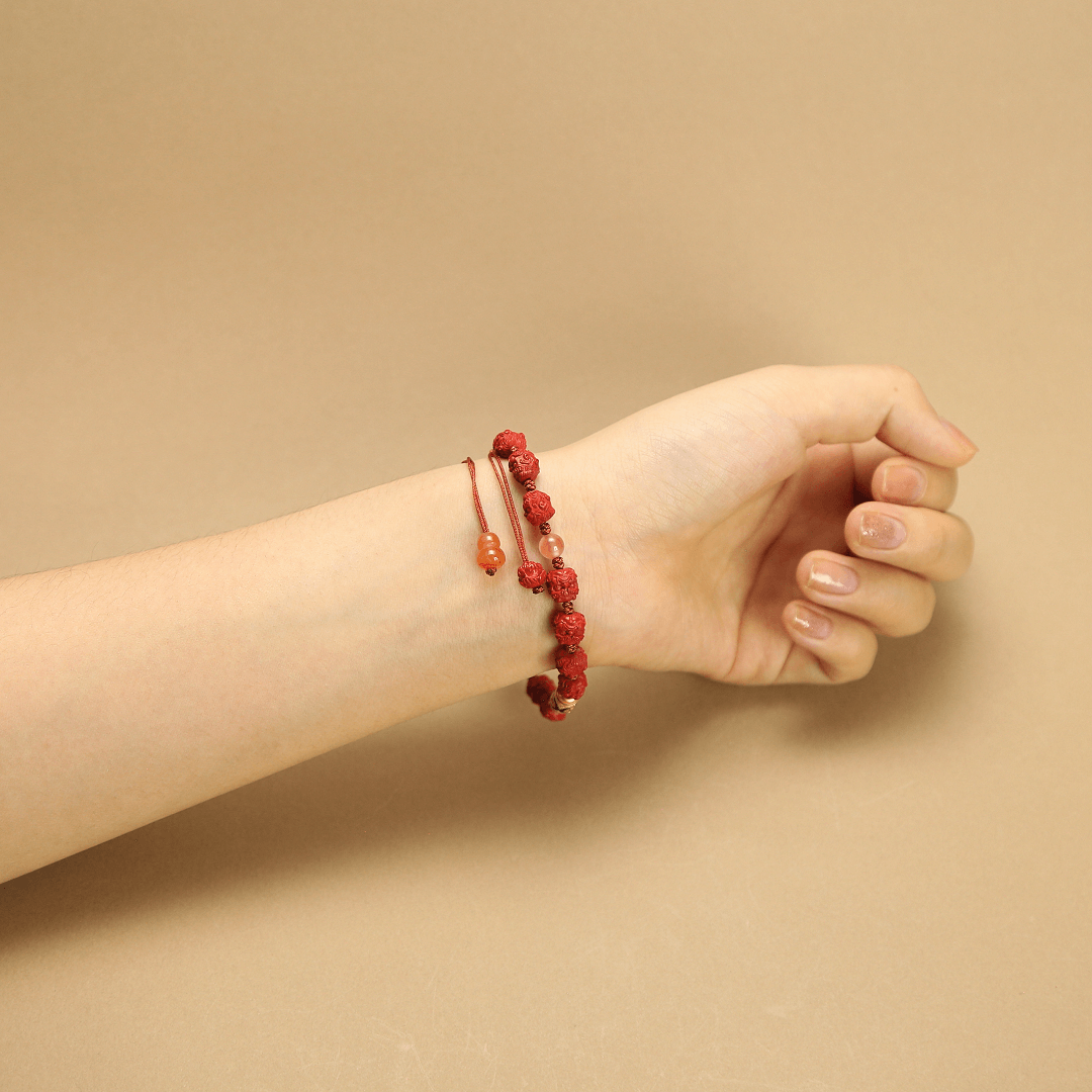 8mm Cinnabar Pixiu Lion Bracelet with Jade & Wealth Charms