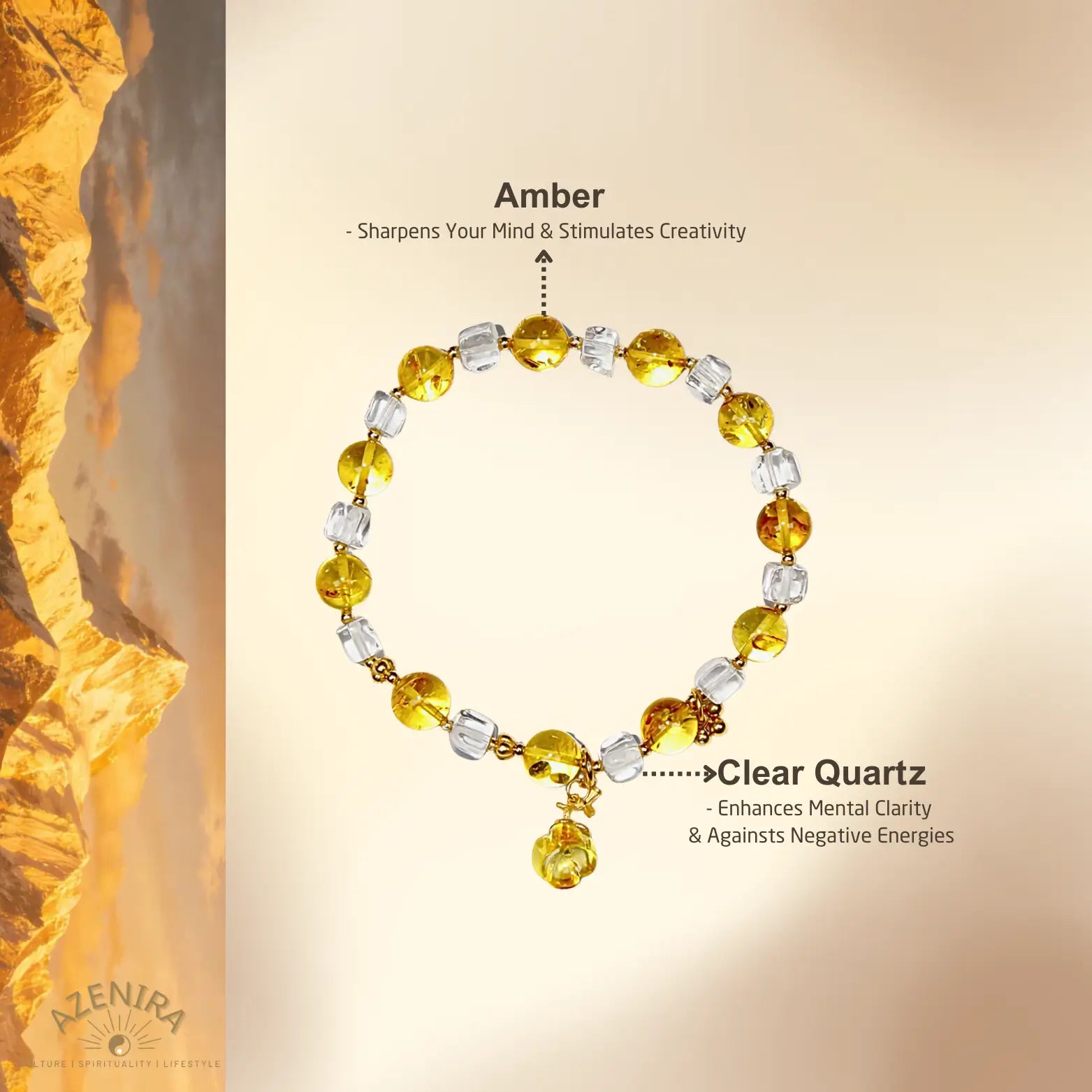 All Crystal Intentions of 8mm Flower Amber Bracelet with Golden Osmanthus Amber Pendant 