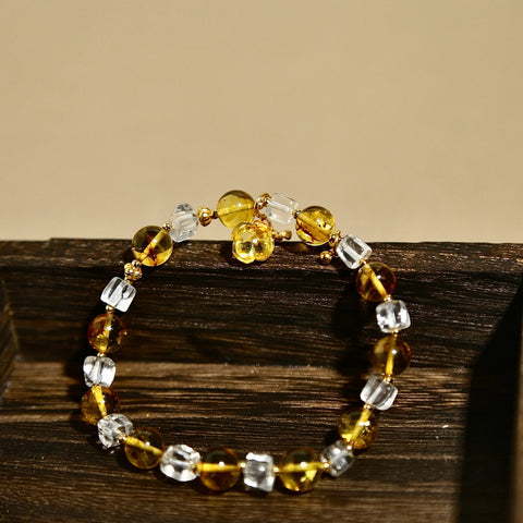 8mm Flower Amber Bracelet with Golden Osmanthus Amber Pendant