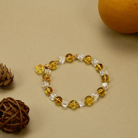 8mm Flower Amber Bracelet with Golden Osmanthus Amber Pendant