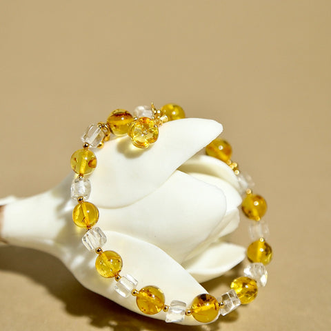 8mm Flower Amber Bracelet with Golden Osmanthus Amber Pendant