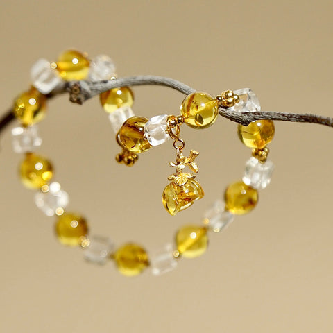 8mm Flower Amber Bracelet with Golden Osmanthus Amber Pendant