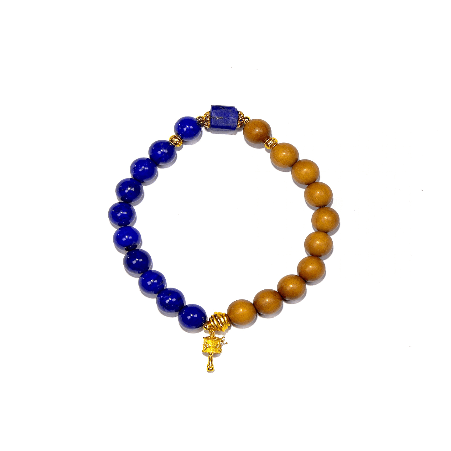 8mm Lapis Lazuli & Sandalwood Bracelet with Prayer Wheel, Designed for Healing and Health 