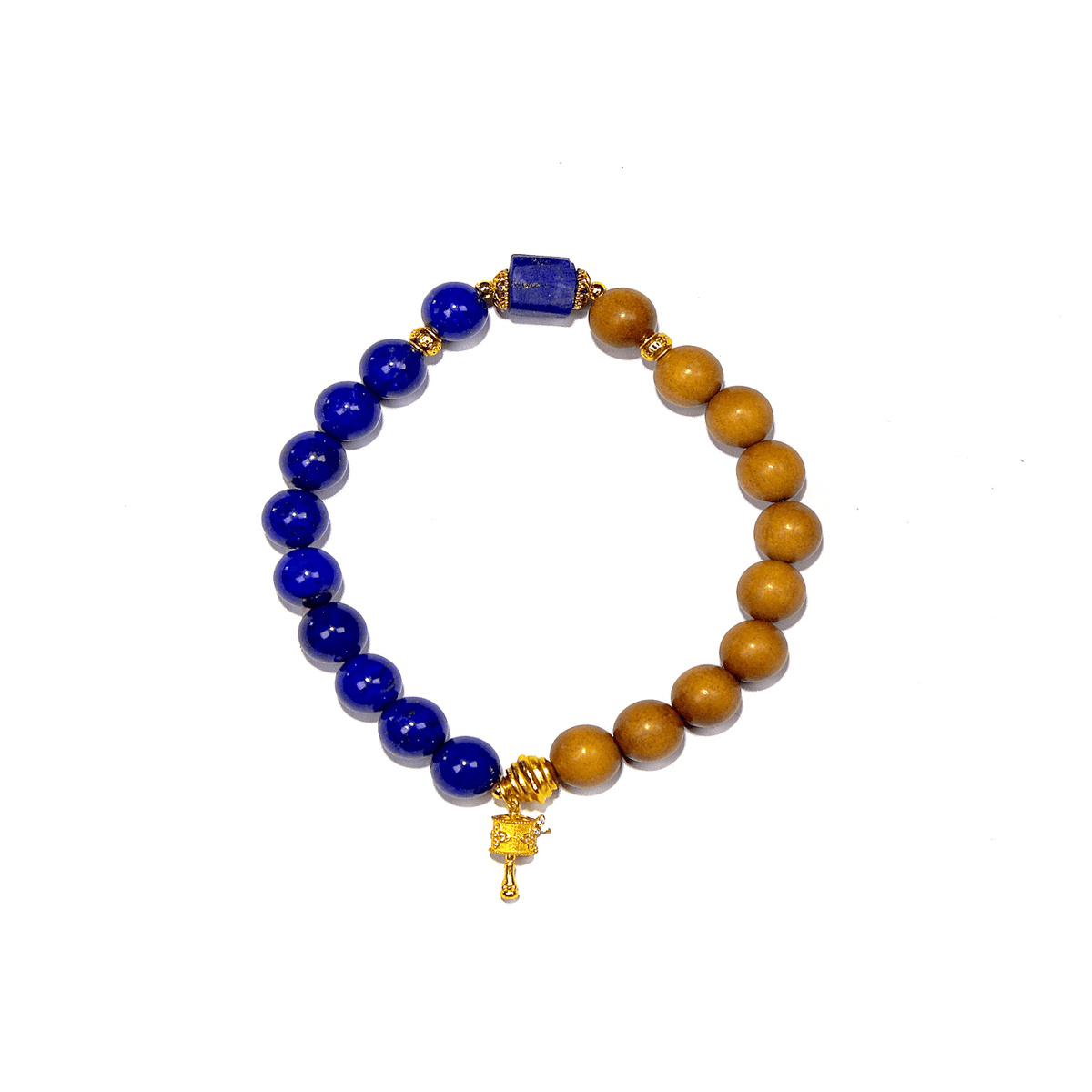 8mm Lapis Lazuli & Sandalwood Bracelet with Prayer Wheel, Designed for Healing and Health 