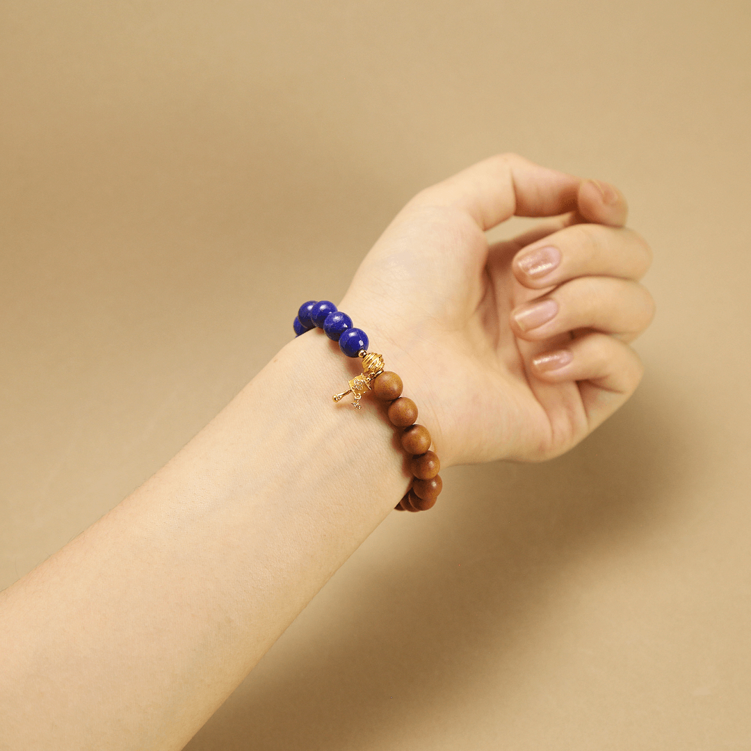 8mm Lapis Lazuli & Sandalwood Bracelet with Prayer Wheel