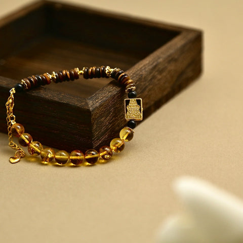 8mm Natural Flower Amber & Tiger Eye Bracelet | Zambala Buddha Protection