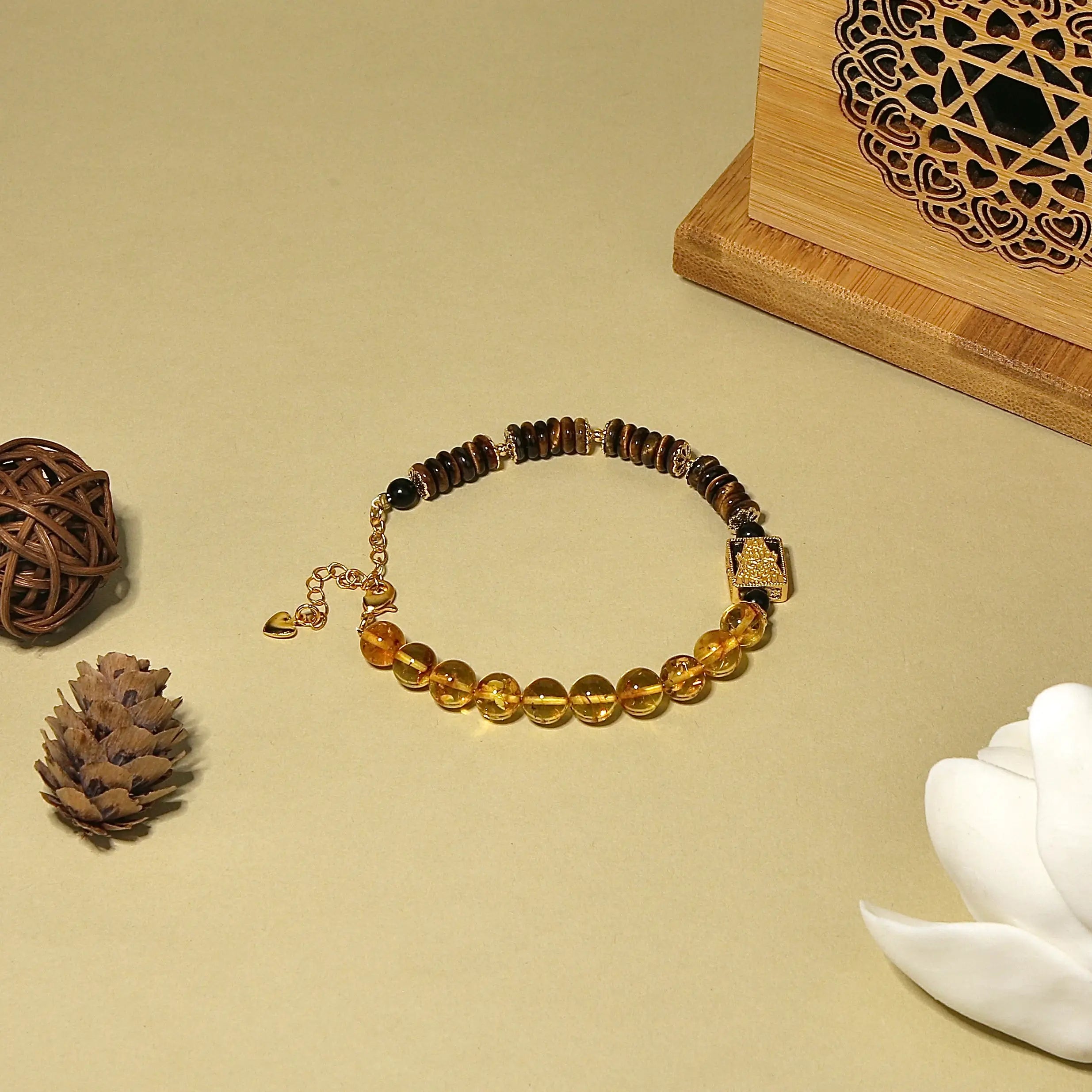 8mm Natural Flower Amber & Tiger Eye Bracelet | Zambala Buddha Protection
