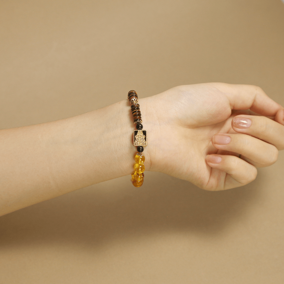 8mm Natural Flower Amber & Tiger Eye Bracelet | Zambala Buddha Protection