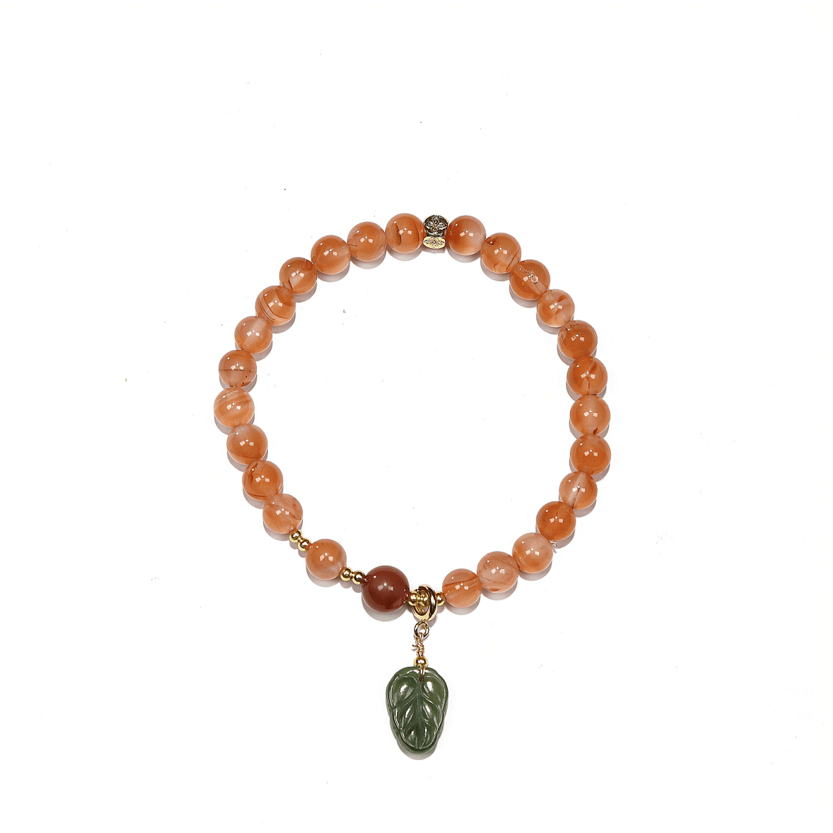 8mm Red Agate Bracelet with Green Jade Leaf Pendant, Designed for Love and Relationship