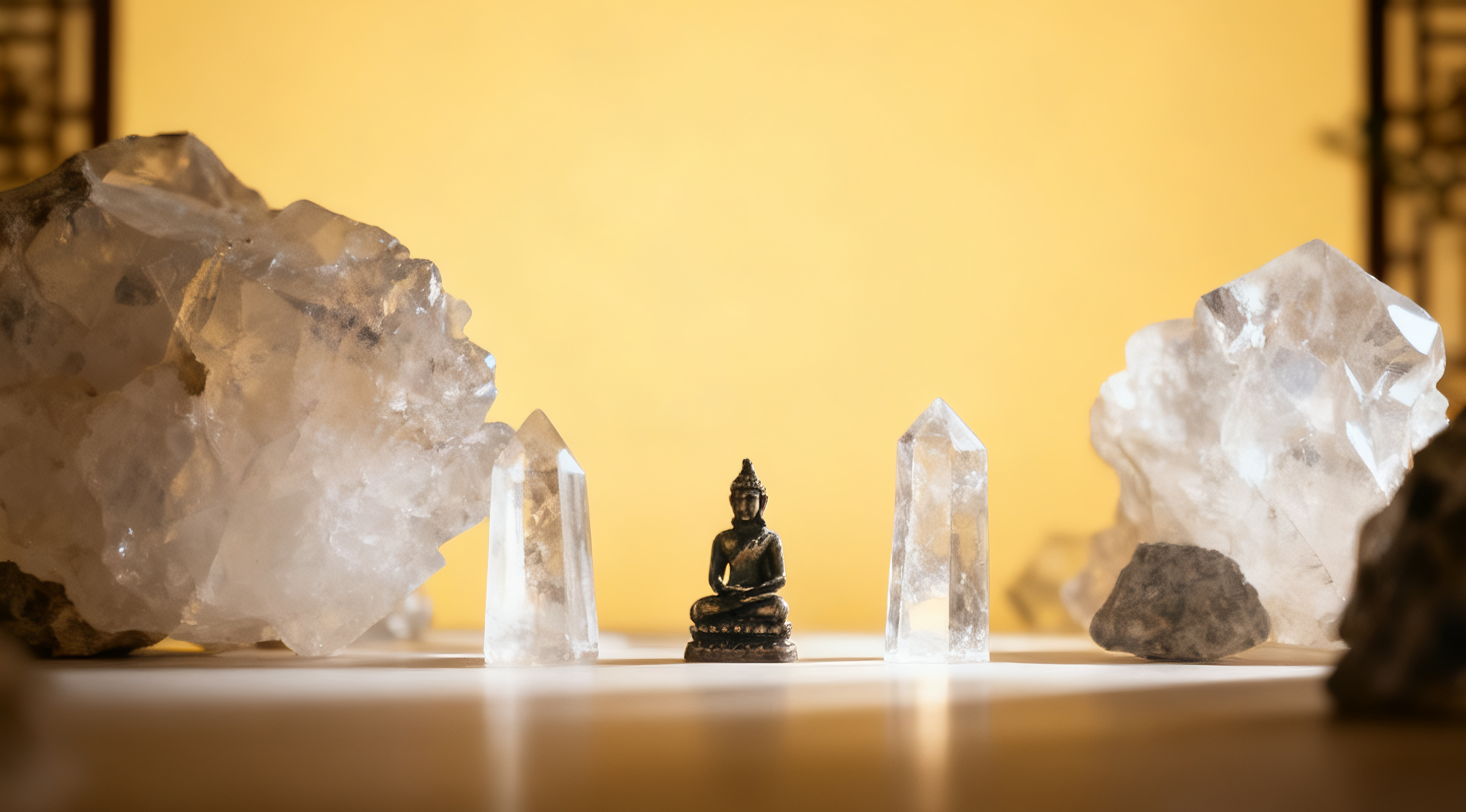 The Peaceful Buddha Statue is Nestled Among Clear Quartz Rough Crystal-Representing Blessing and Harmony