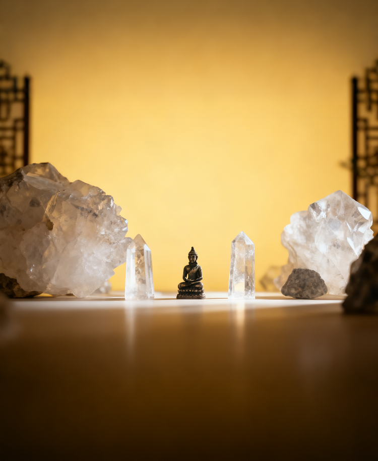 The Peaceful Buddha Statue is Nestled Among Clear Quartz Rough Crystal-Representing Blessing and Harmony