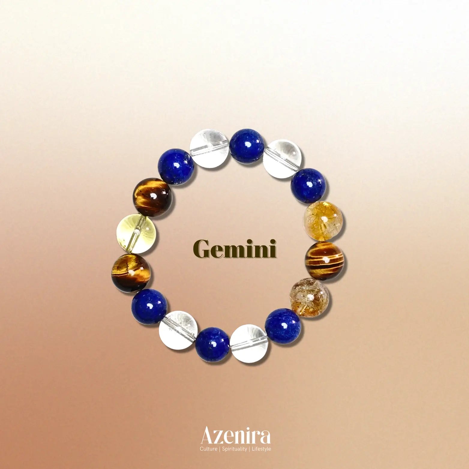 Gemini Zodiac Crystal Bracelet with Lapis Lazuli, Citrine, Tiger’s Eye and Citrine Phantom Quartz.