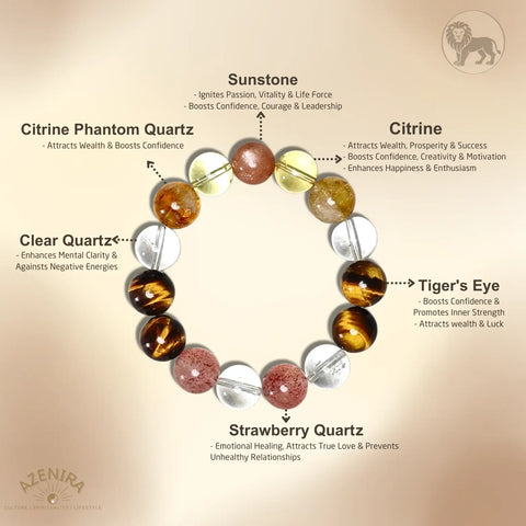 All Crystal Intentions of Leo Zodiac Crystal Bracelet - Sunstone, Strawberry Quartz, Citrine & Citrine Phantom Quartz for Confidence & Success 