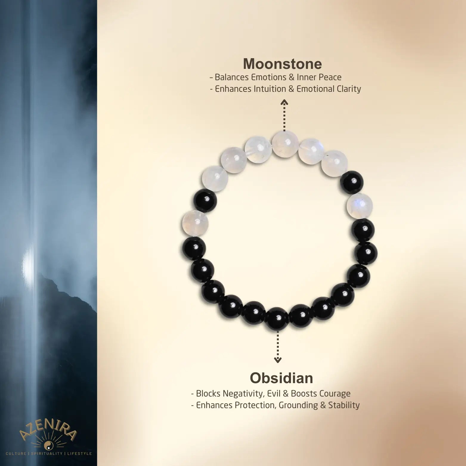 Moonstone and obsidian bracelet detail image explaining crystal properties, with moonstone for intuition and emotional balance and obsidian for protection and grounding