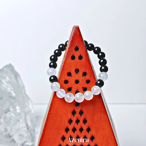 Natural moonstone and black obsidian crystal bracelet with 10mm gemstone beads showcasing the contrast design and high quality handcrafted details