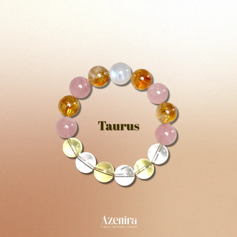 Taurus Zodiac Crystal Bracelet with Rose Quartz, Moonstone, Citrine and Citrine Phantom Quartz.