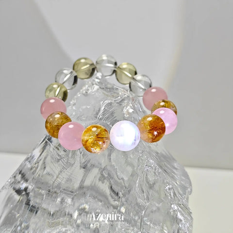 Taurus Zodiac Crystal Bracelet with Rose Quartz, Moonstone, Citrine and Citrine Phantom Quartz,Designed for Wealth and Success,Fine Gifts.