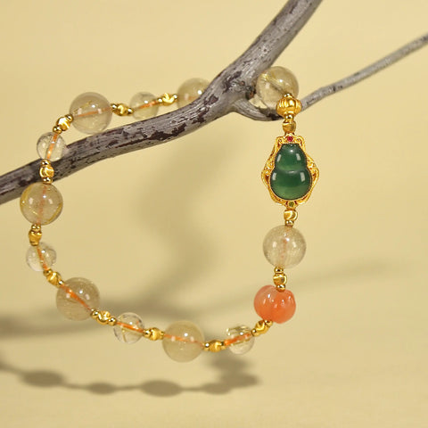 8.5mm Golden Rutilated Quartz Bracelet with Red Agate & Jade Hulu