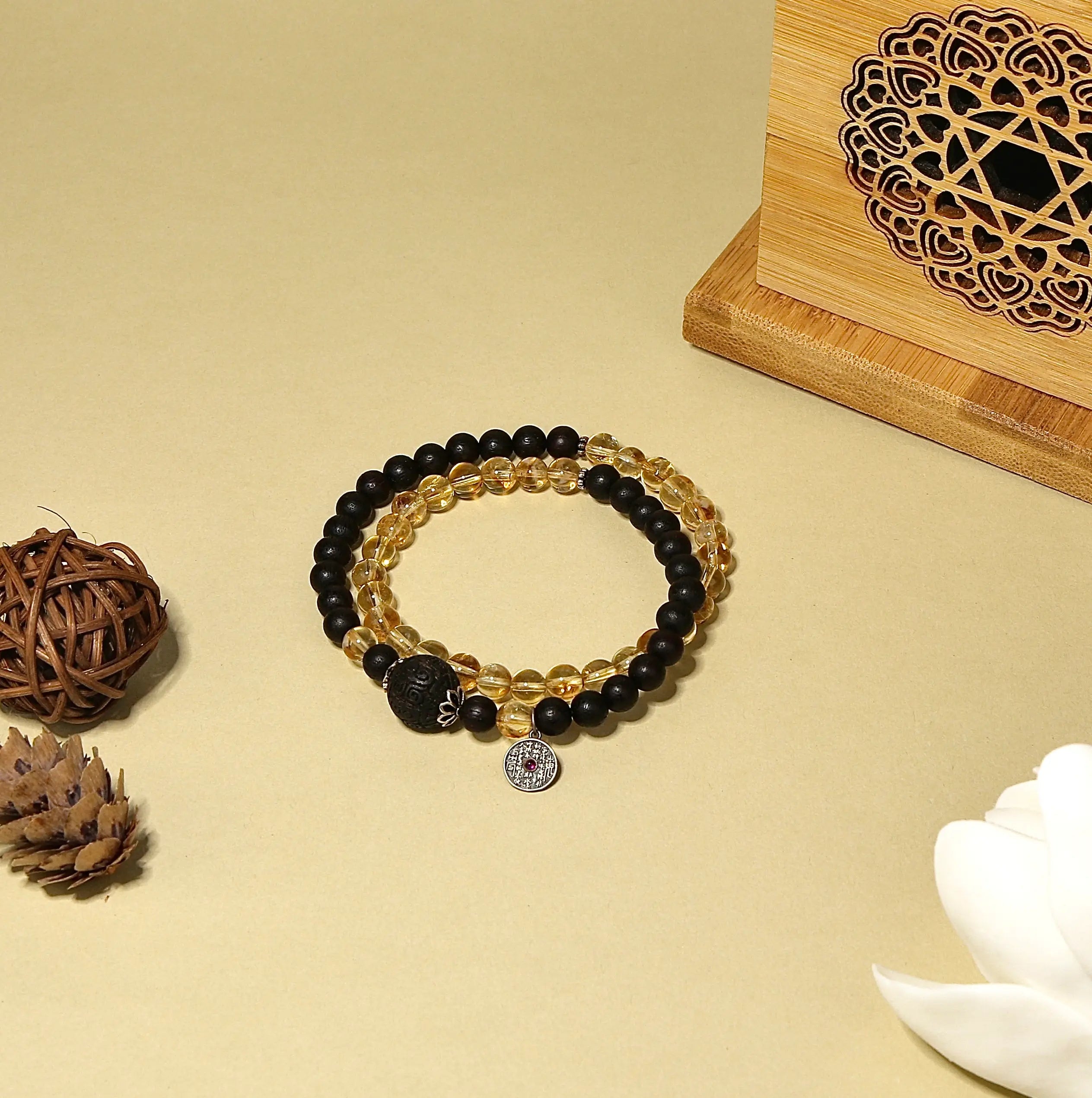 6mm Citrine & Agarwood Double Circle Bracelet with Tourmaline Silver Pendant